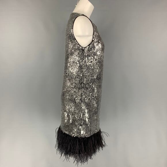 BADGLEY MISCHKA S Silver & Black Polyester Sequined Ostrich Feathers Dress - Picture 3 of 6
